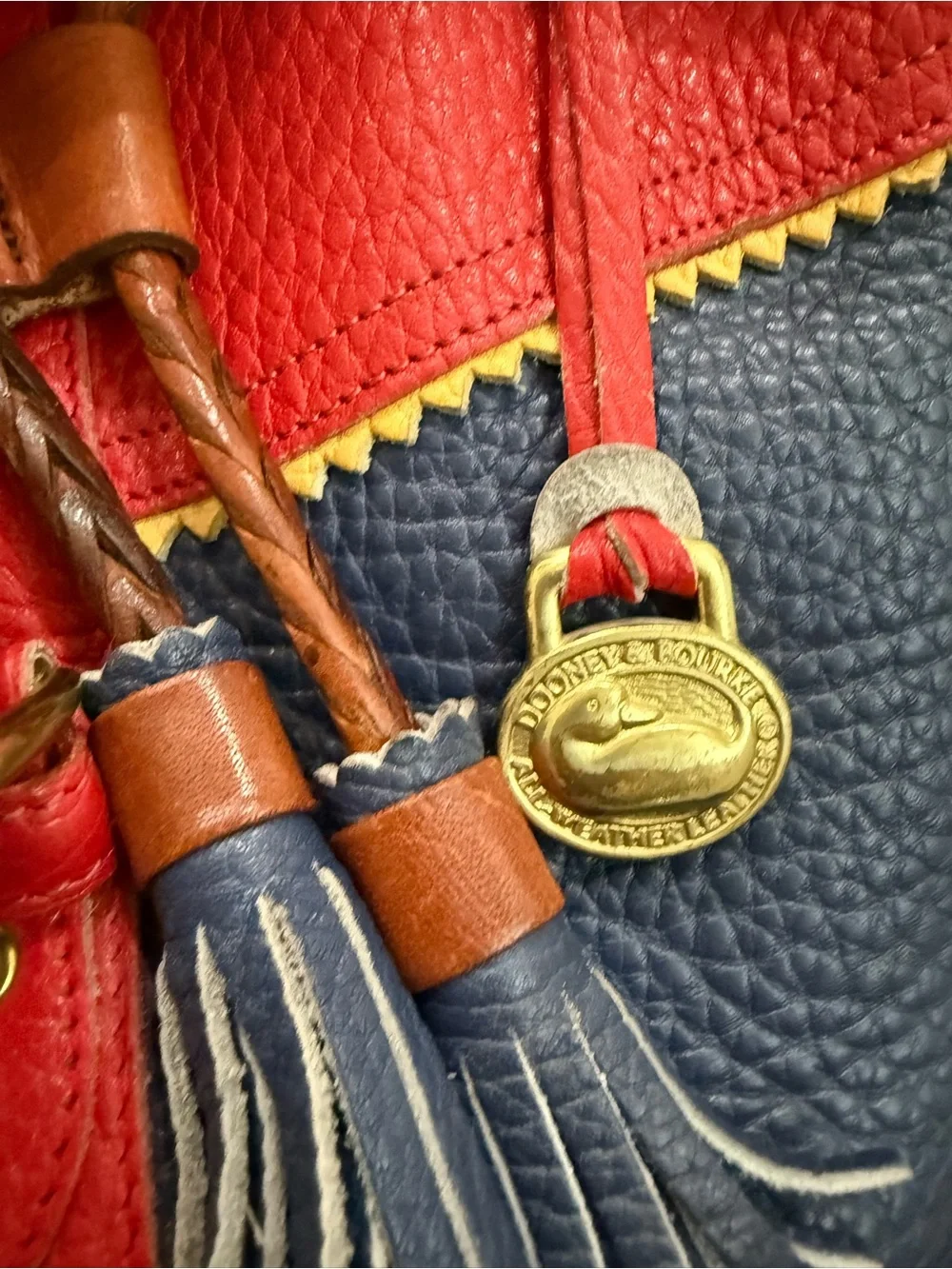 Rare Vintage DOONEY & BOURKE Teton AWL Lipstick Red Navy Yellow Leather Backpack